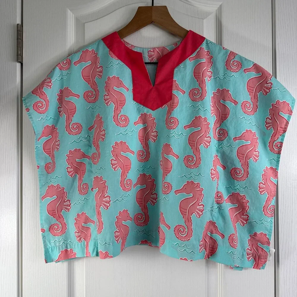 Kelly's Kids Poncho Swim Cover Up Seahorse Print Blue Pink Size 4 - 5